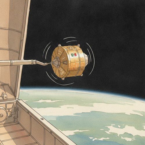 Ilustración de la efeméride: México pone en órbita su primer satélite, el Morelos I