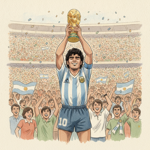 Ilustración de la efeméride: Argentina se corona campeona del mundo en el Estadio Azteca