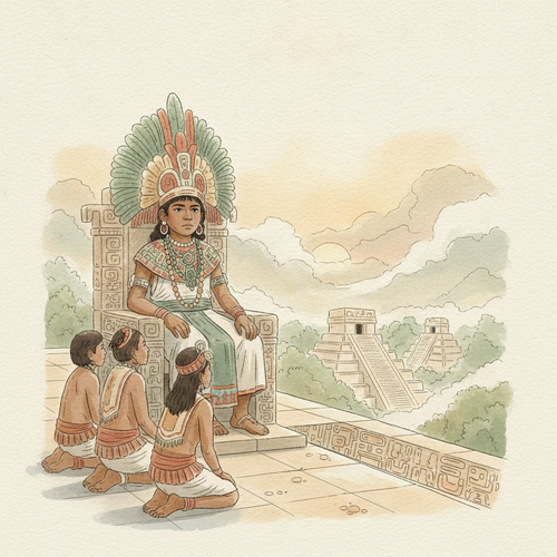 Ilustración de la efeméride: Pakal el Grande asciende al trono de Palenque